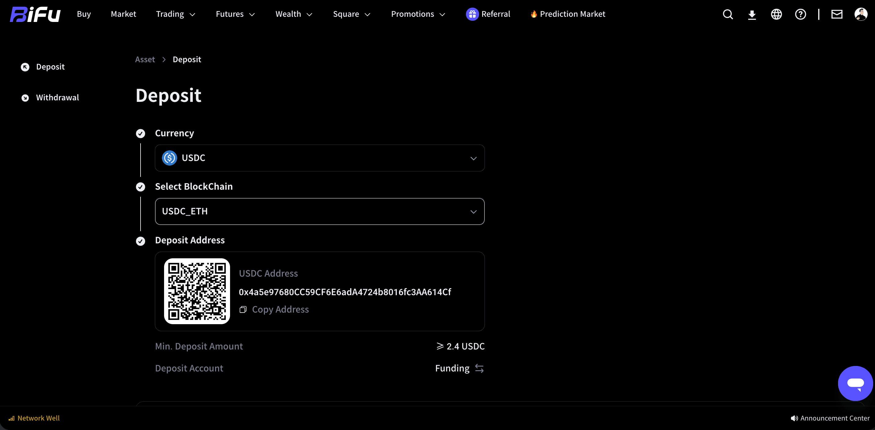 USDC deposit and transfer to Prediction Market Account screenshot 2